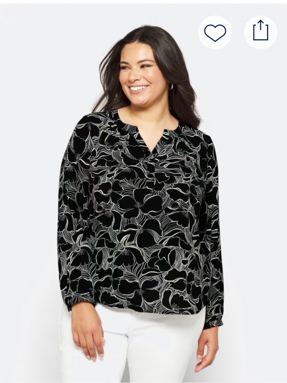 Plus Size Black Floral Split-Neck Blouse